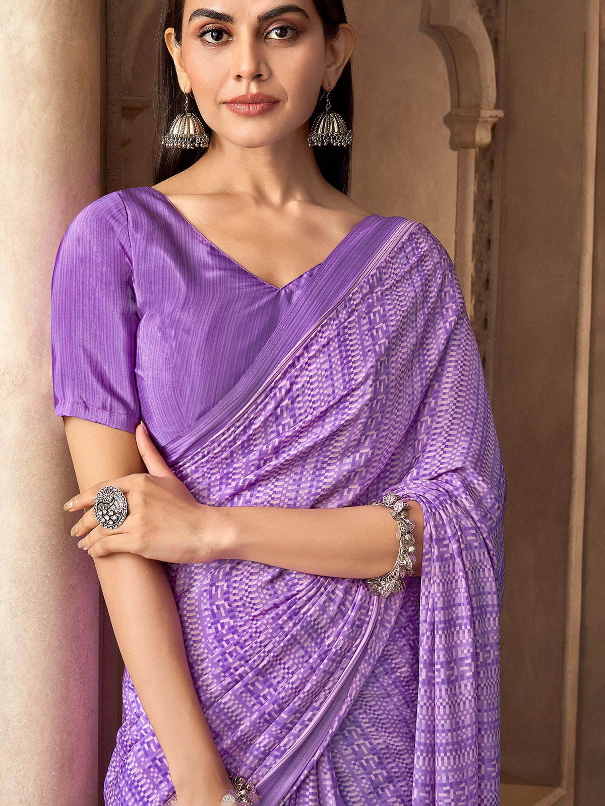 Purple crepe silk printed saree with unstitched blouse