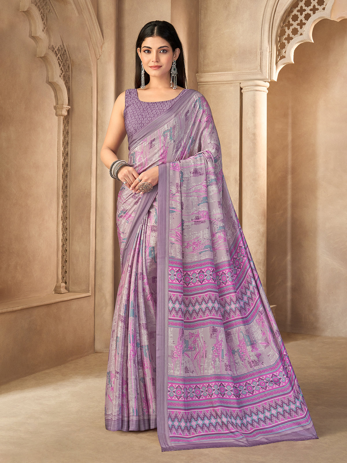 Lavender abstract printed crepe silk saree with unstitched blouse