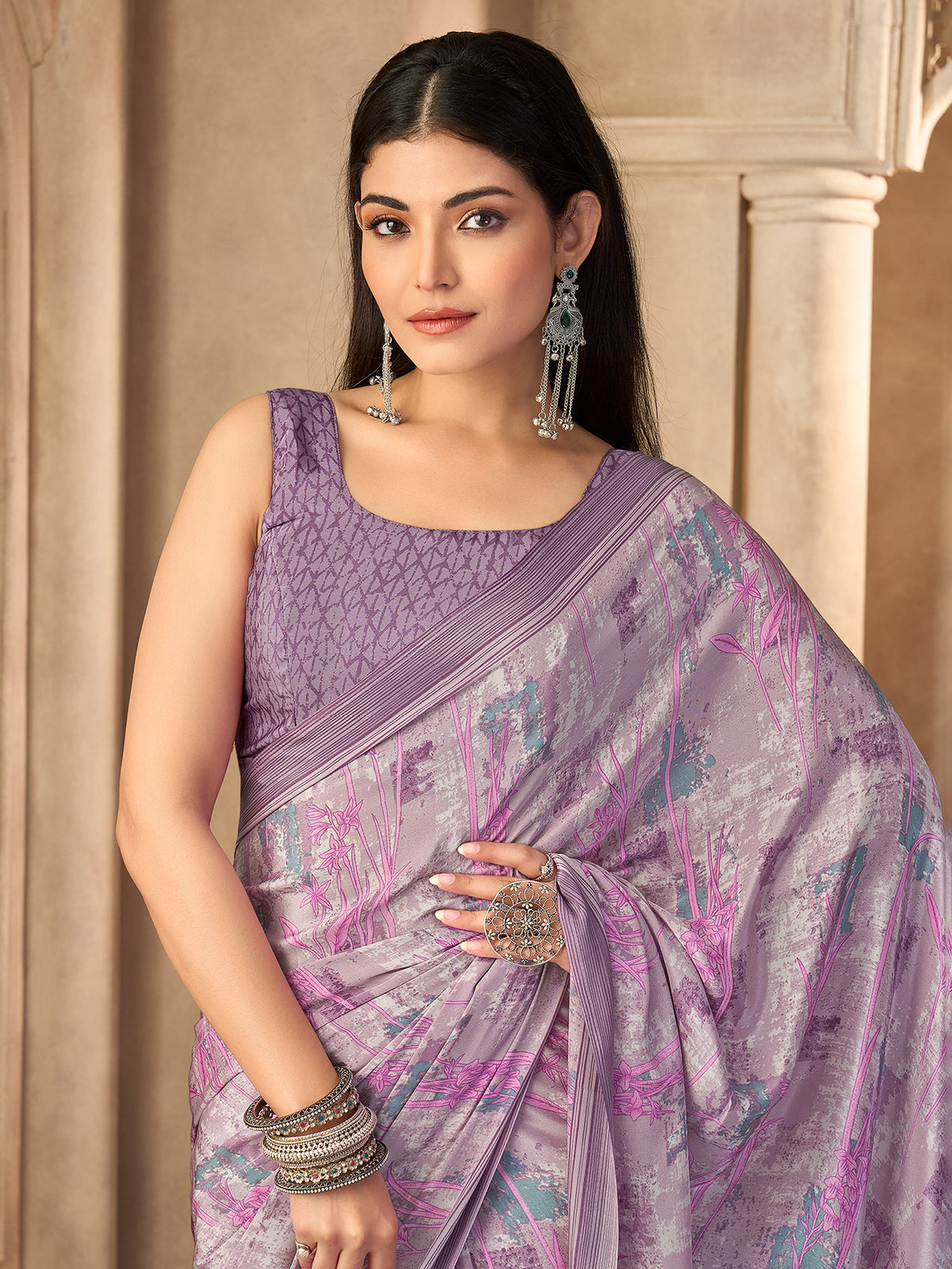 Lavender abstract printed crepe silk saree with unstitched blouse