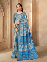 Light silver printed crepe silk saree with unstitched blouse