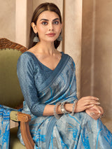 Light silver printed crepe silk saree with unstitched blouse