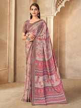 Light brown printed crepe silk saree with unstitched blouse