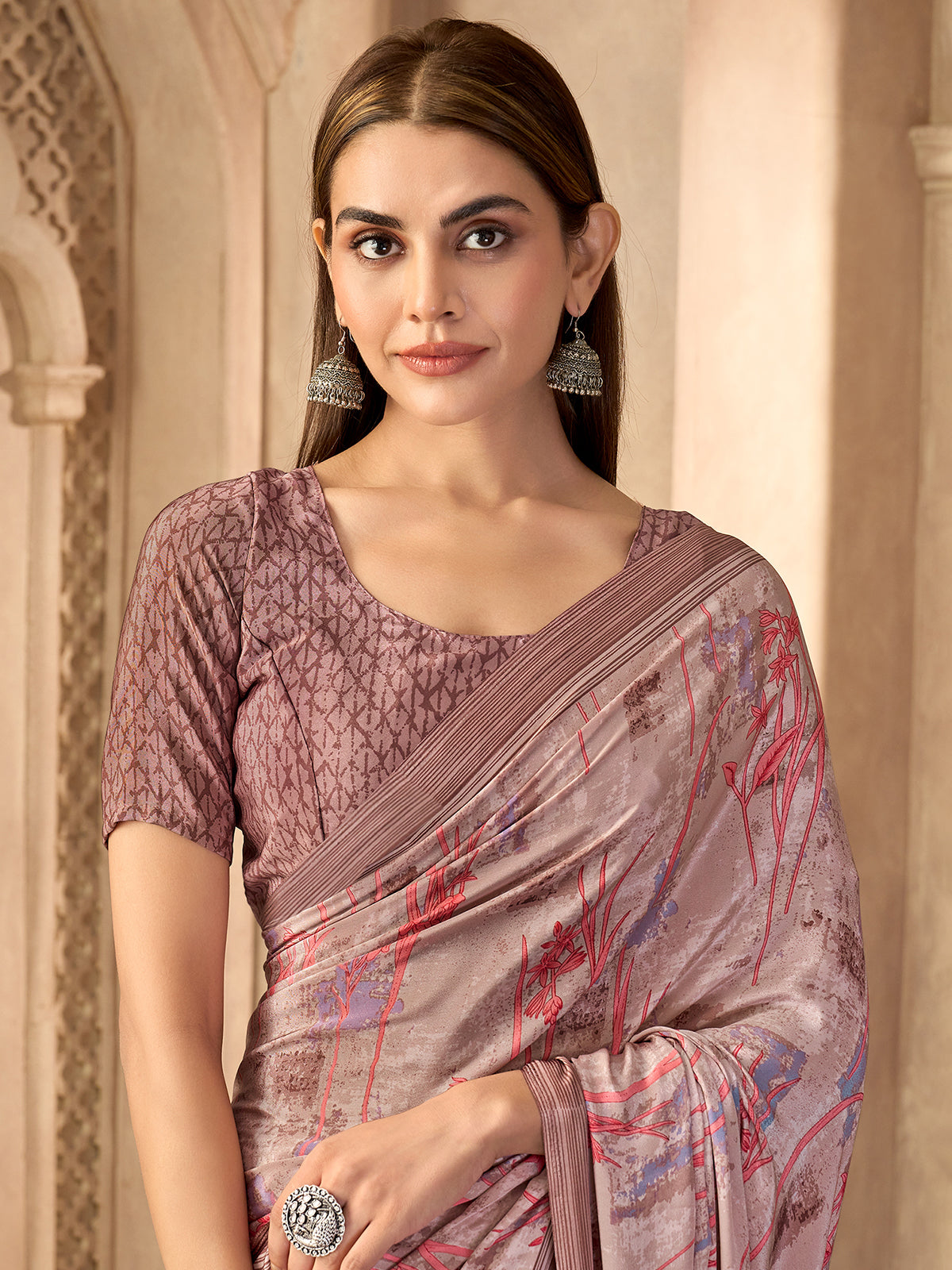 Light brown printed crepe silk saree with unstitched blouse