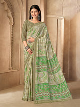 Olive printed crepe silk saree with unstitched blouse