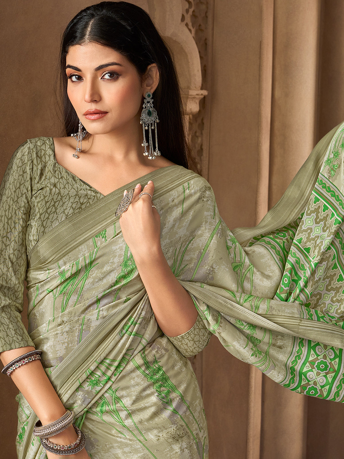 Olive printed crepe silk saree with unstitched blouse
