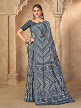 Grey printed crepe silk saree for pooja