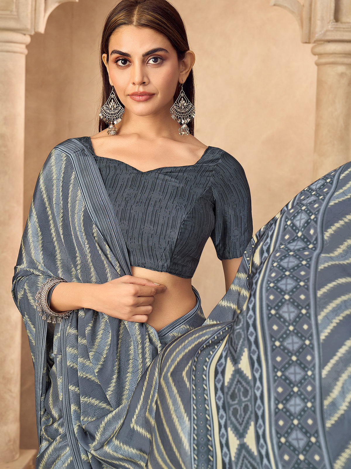 Grey printed crepe silk saree for pooja