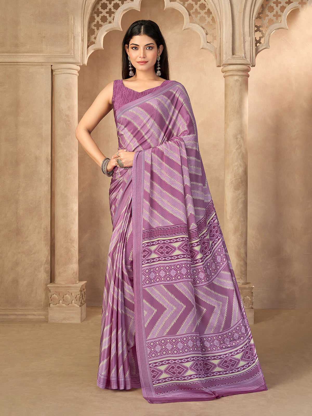 Lavender printed crepe silk saree with unstitched blouse