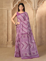 Lavender printed crepe silk saree with unstitched blouse