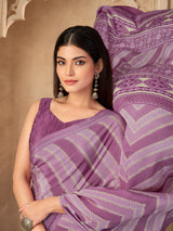 Lavender printed crepe silk saree with unstitched blouse