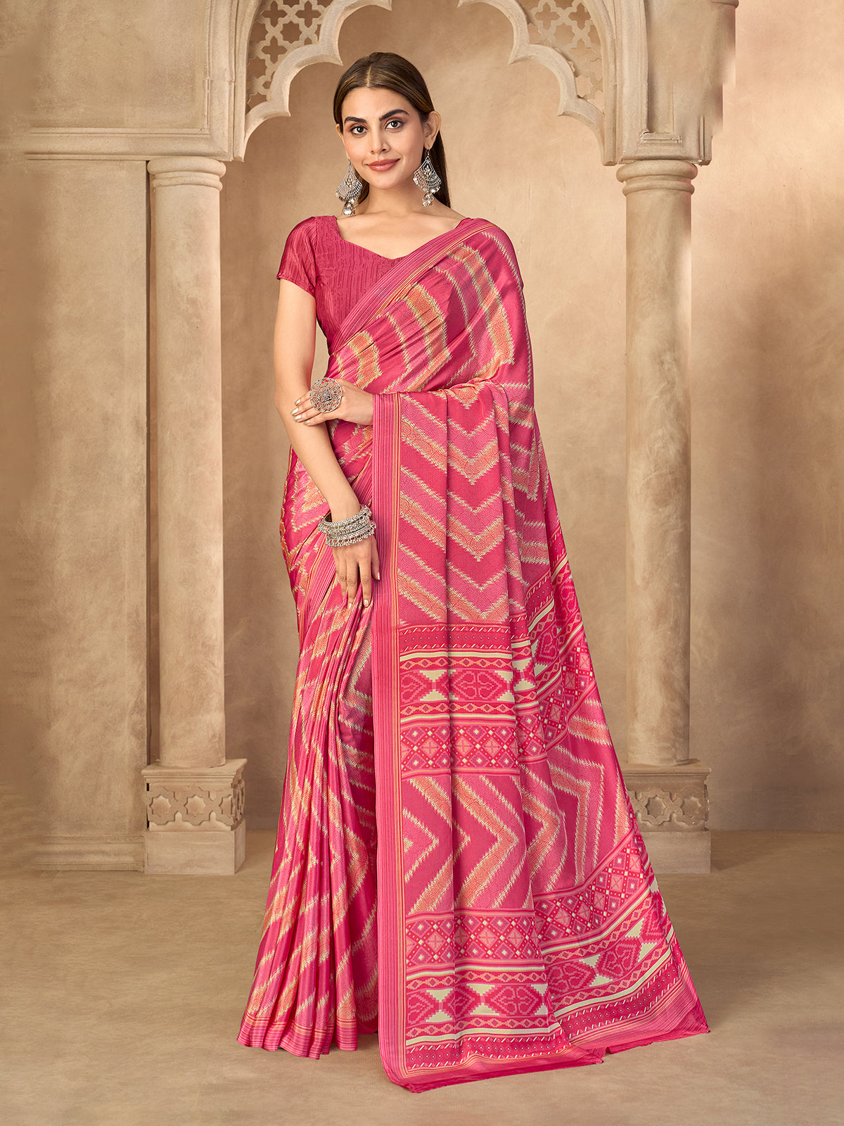 Pink crepe silk saree with print