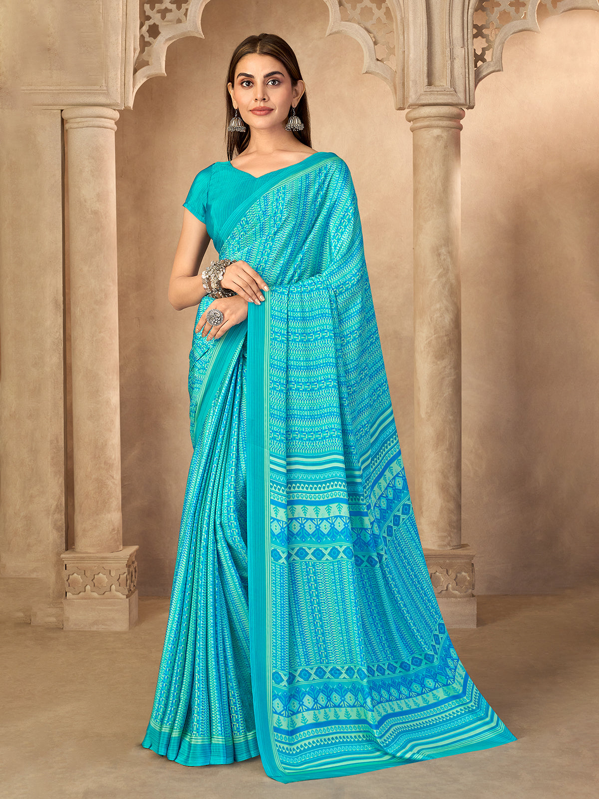 Blue printed saree in soft crepe silk
