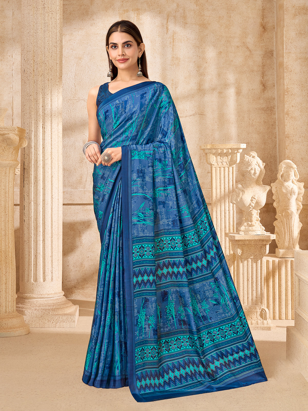Blue abstract printed crepe silk saree