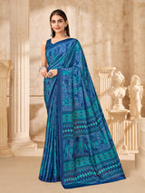 Blue abstract printed crepe silk saree