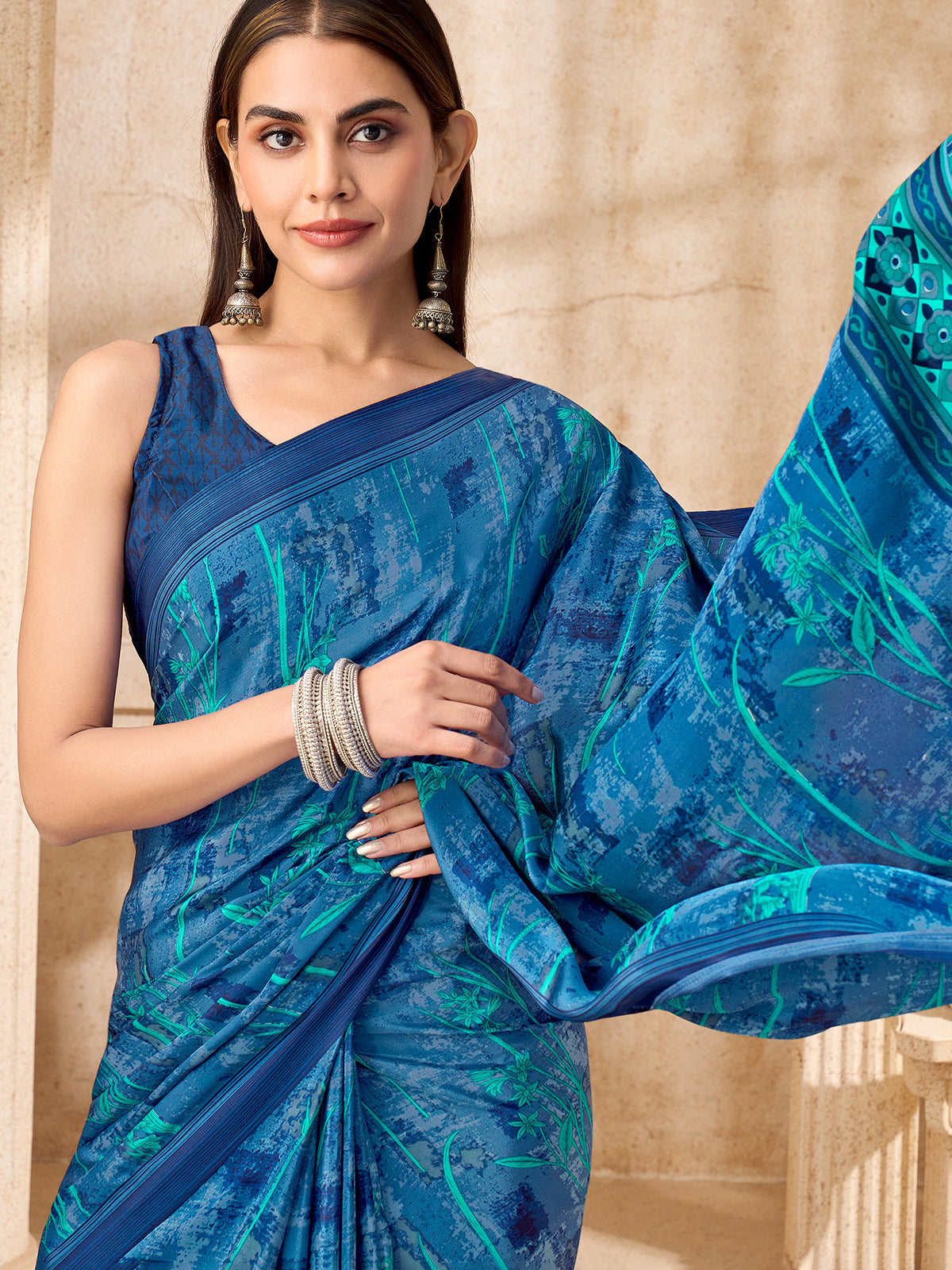 Blue abstract printed crepe silk saree