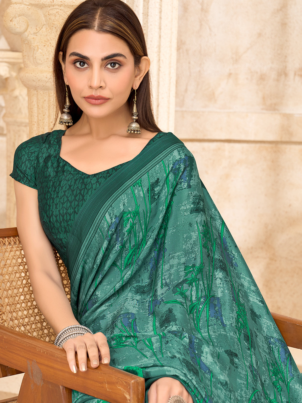 Green abstract printed saree in crepe silk