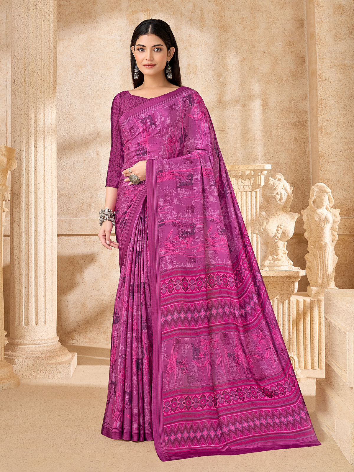Rani pink abstract printed crepe silk saree