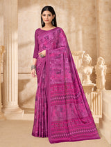 Rani pink abstract printed crepe silk saree