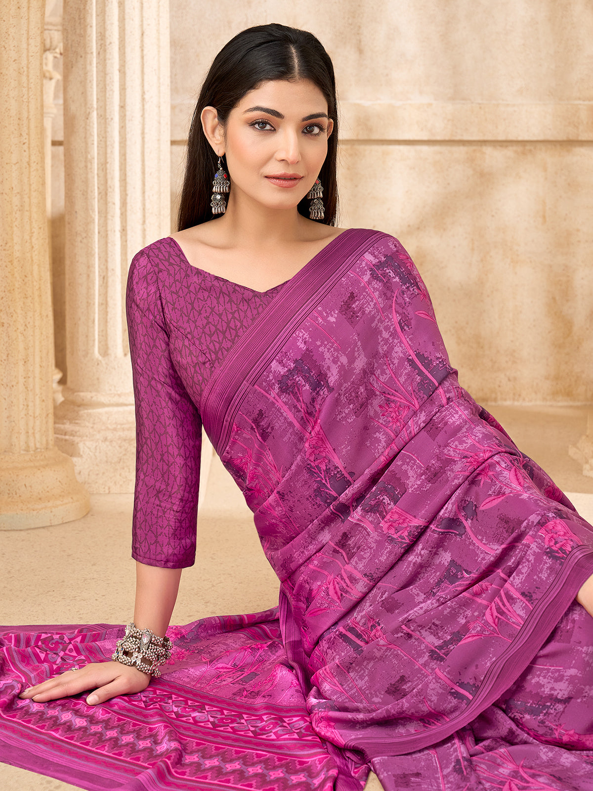 Rani pink abstract printed crepe silk saree