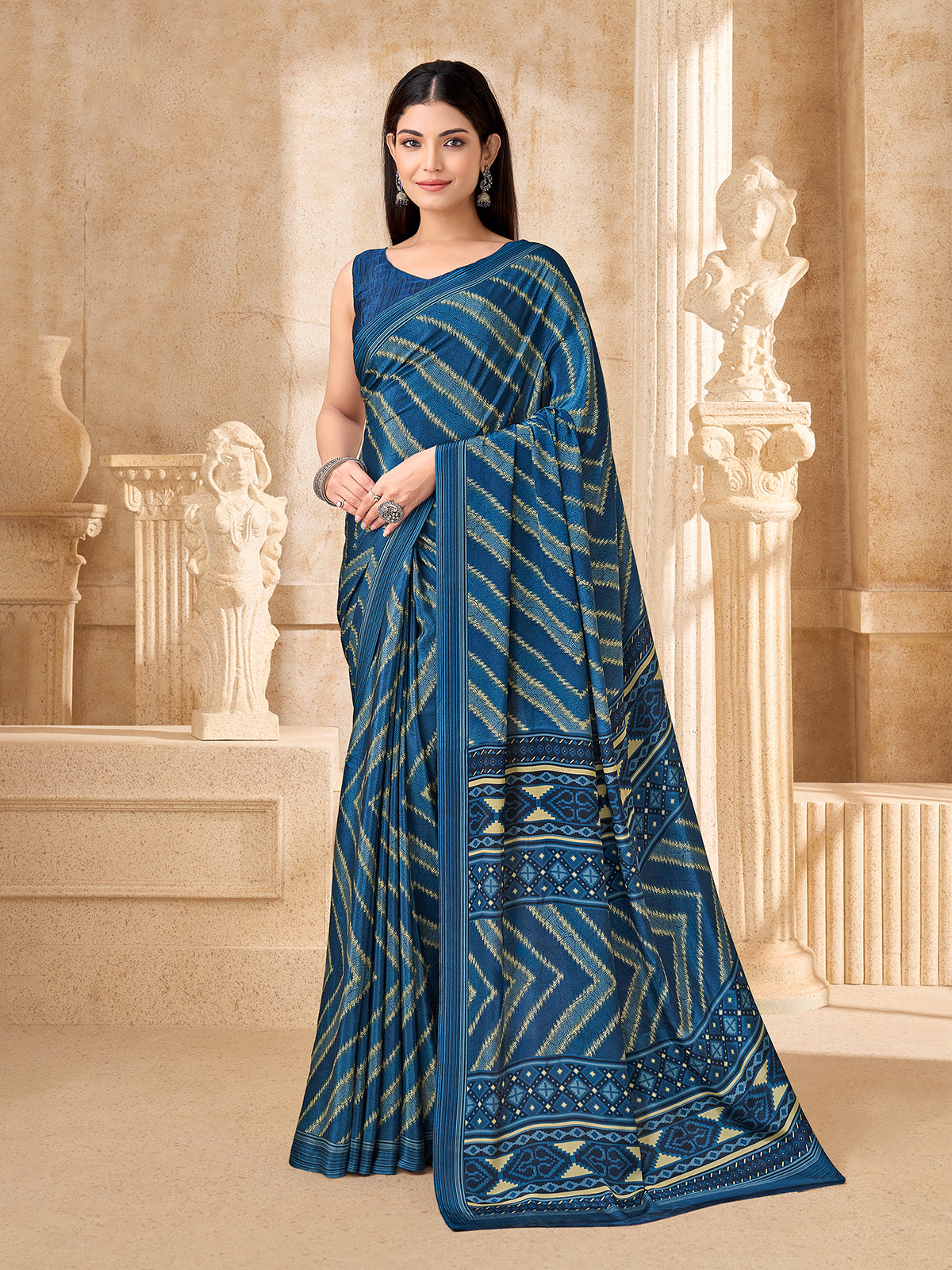 Blue leheriya printed crepe silk saree
