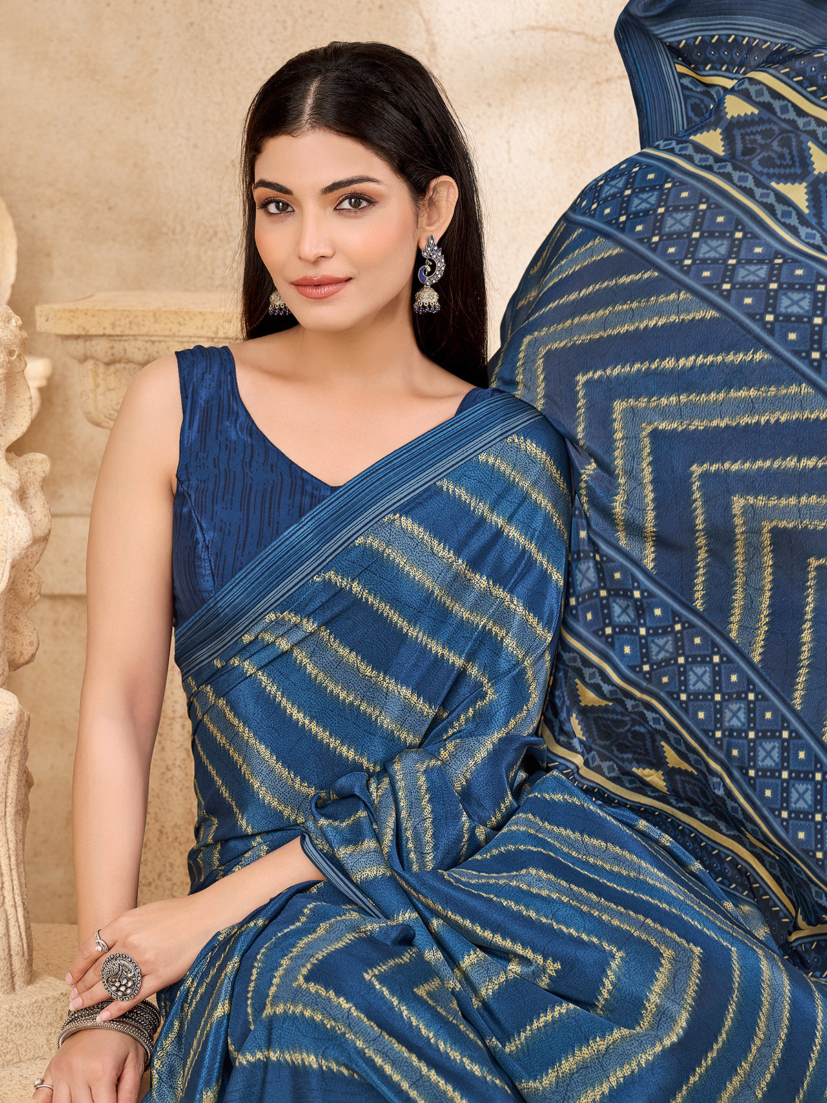 Blue leheriya printed crepe silk saree
