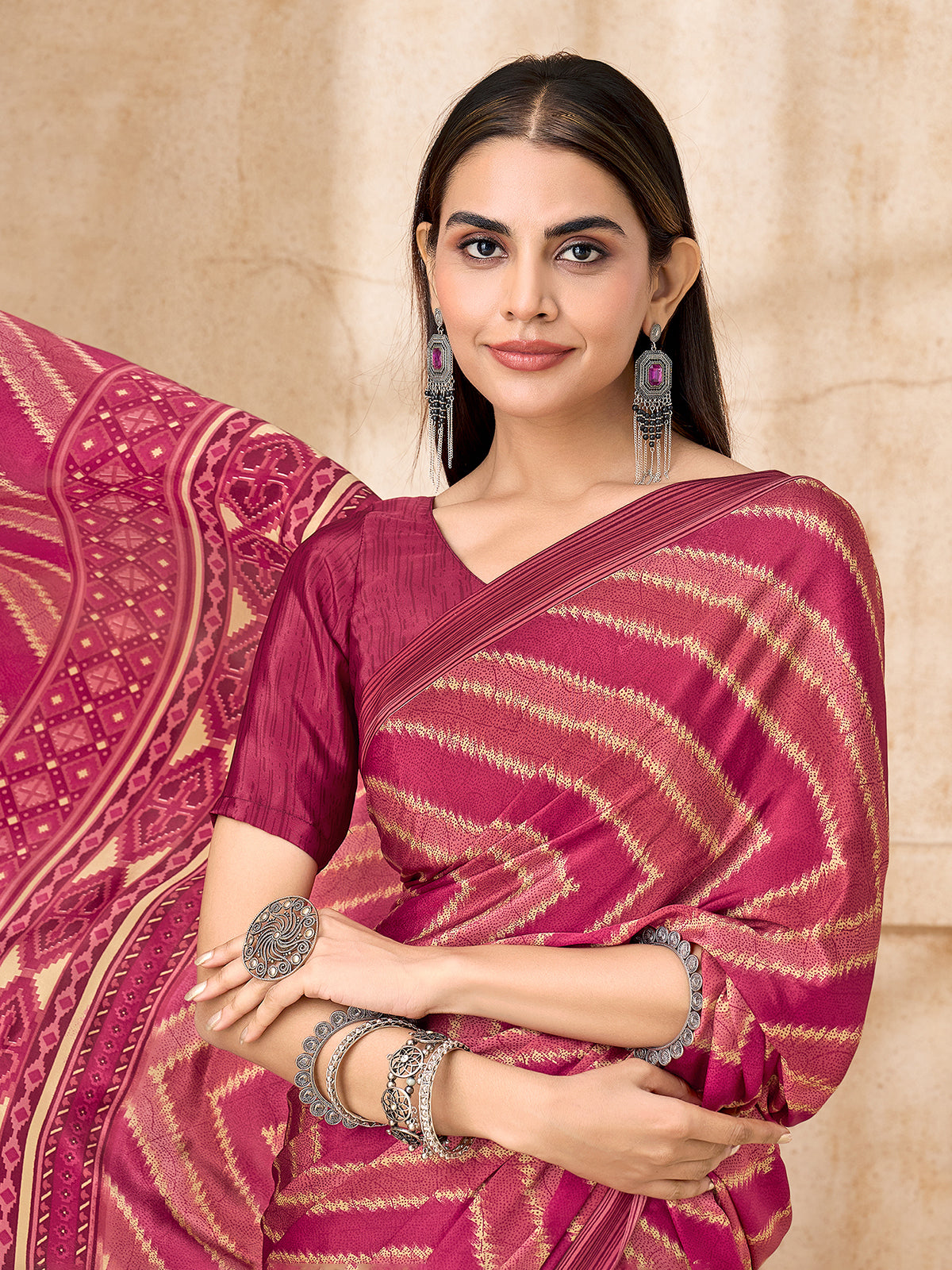Pink leheriya printed crepe silk saree