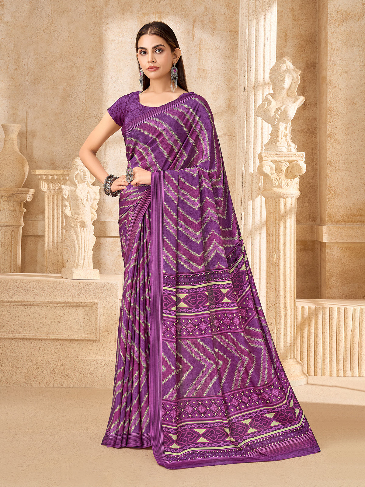 Purple leheriya printed crepe silk saree