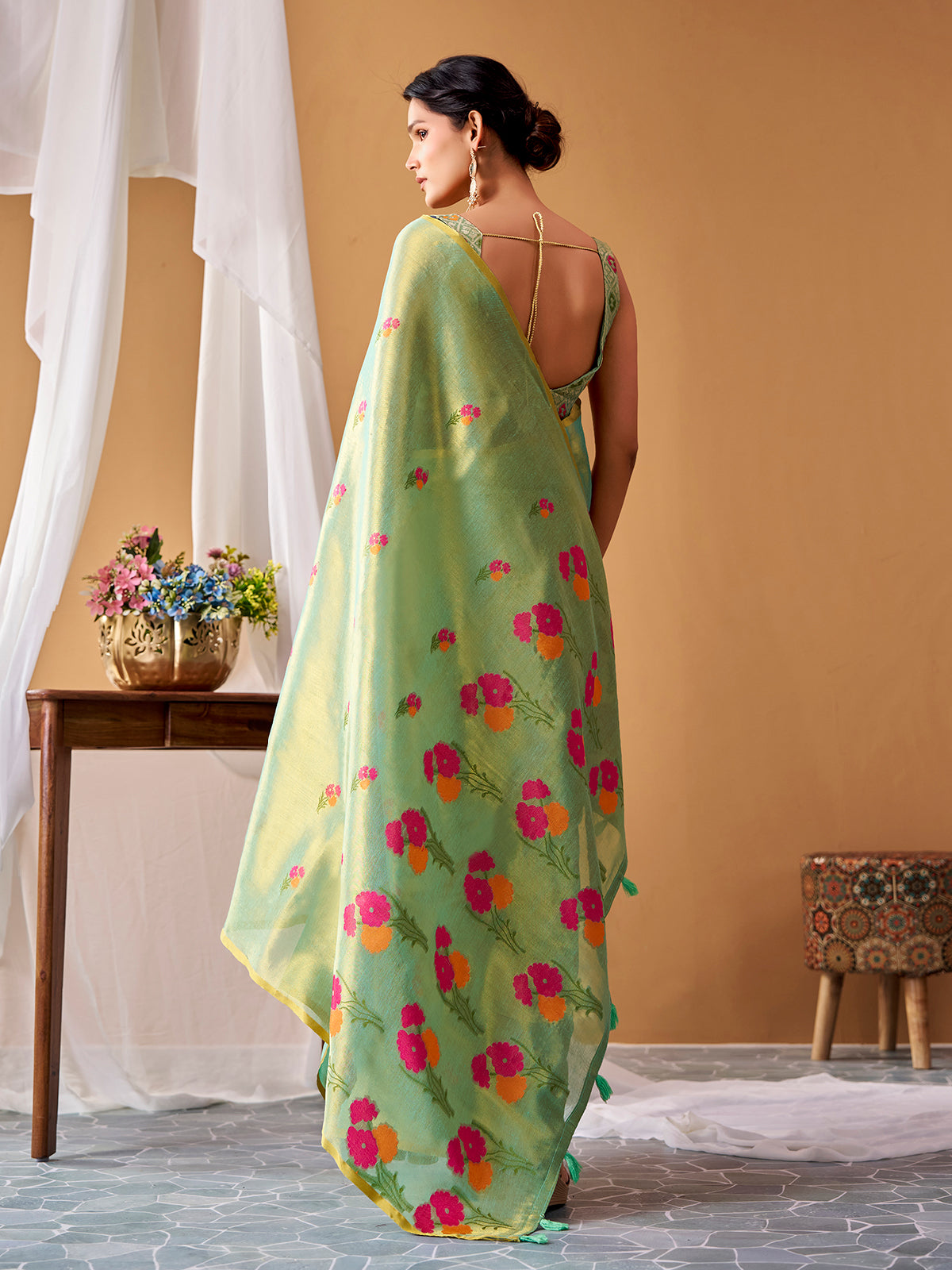 Green premium woven tissue silk saree
