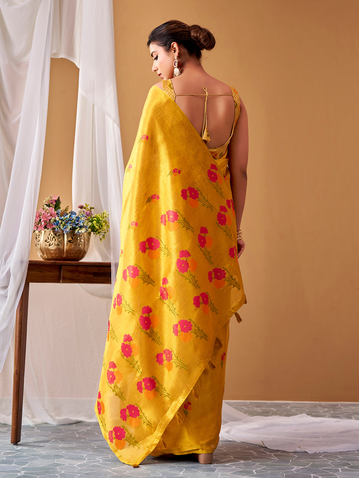 Mustard yellow festive tissue silk saree