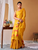 Mustard yellow festive tissue silk saree