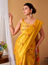 Mustard yellow festive tissue silk saree