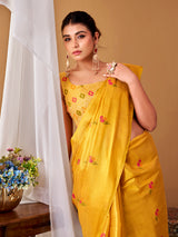 Mustard yellow festive tissue silk saree