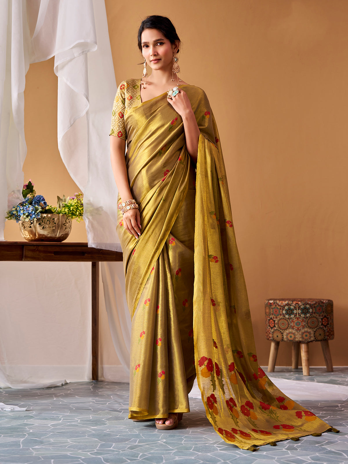 Green elegant tissue silk festive saree