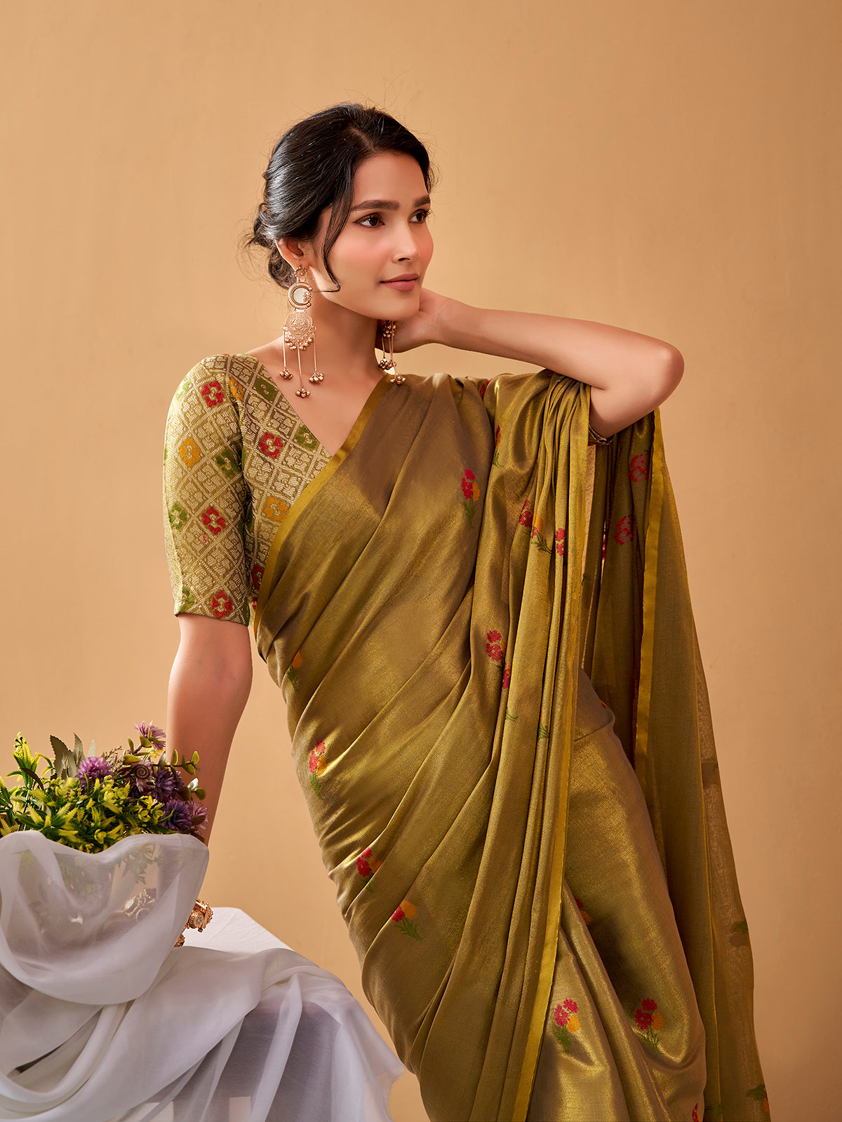 Green elegant tissue silk festive saree