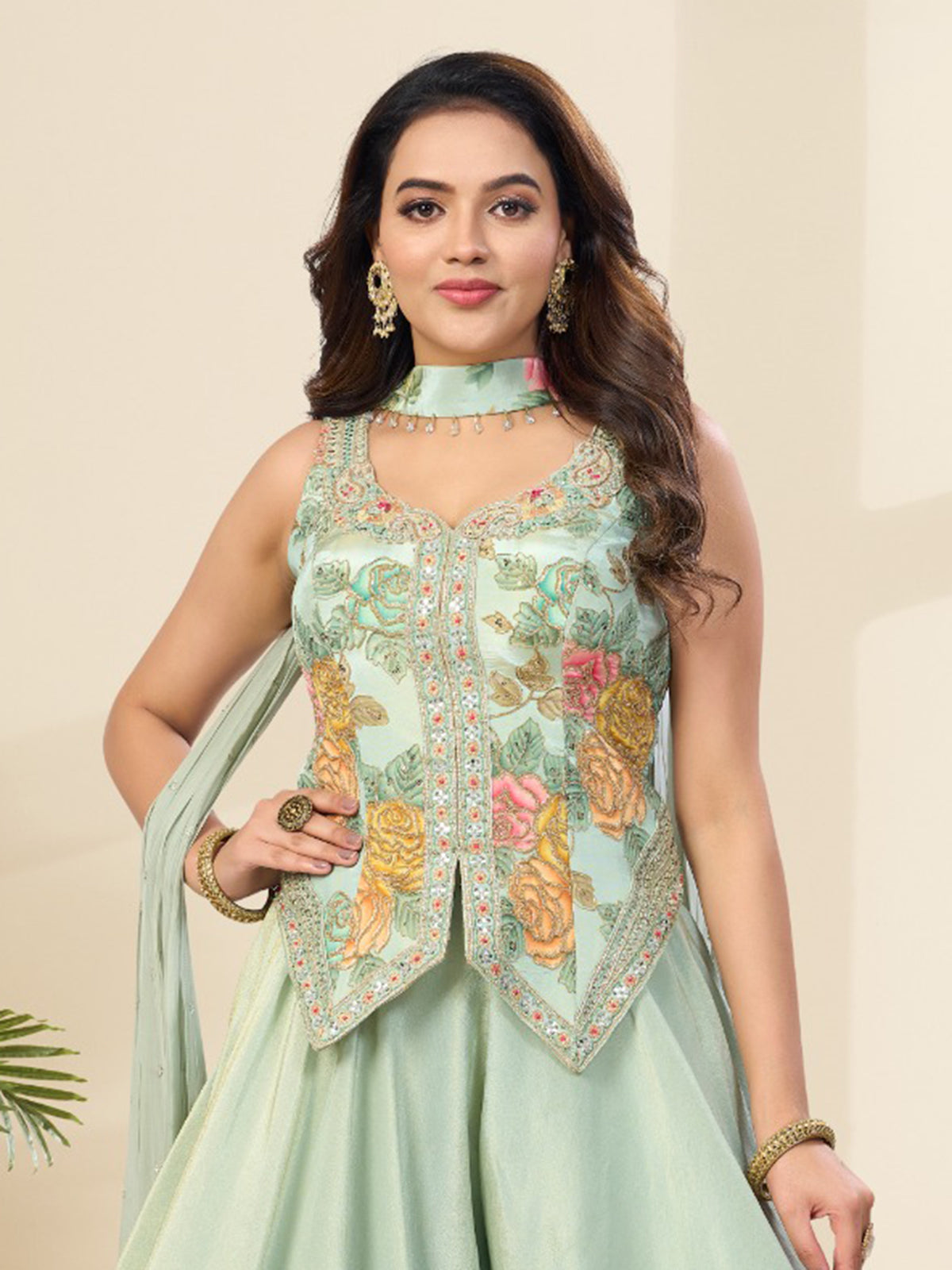 Pista green pastel embroidered women palazzo suit