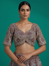 Grey silk lehenga choli with ornate floral and animal motifs