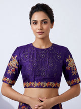 Violet silk unstitched lehenga choli with floral contrast dupatta