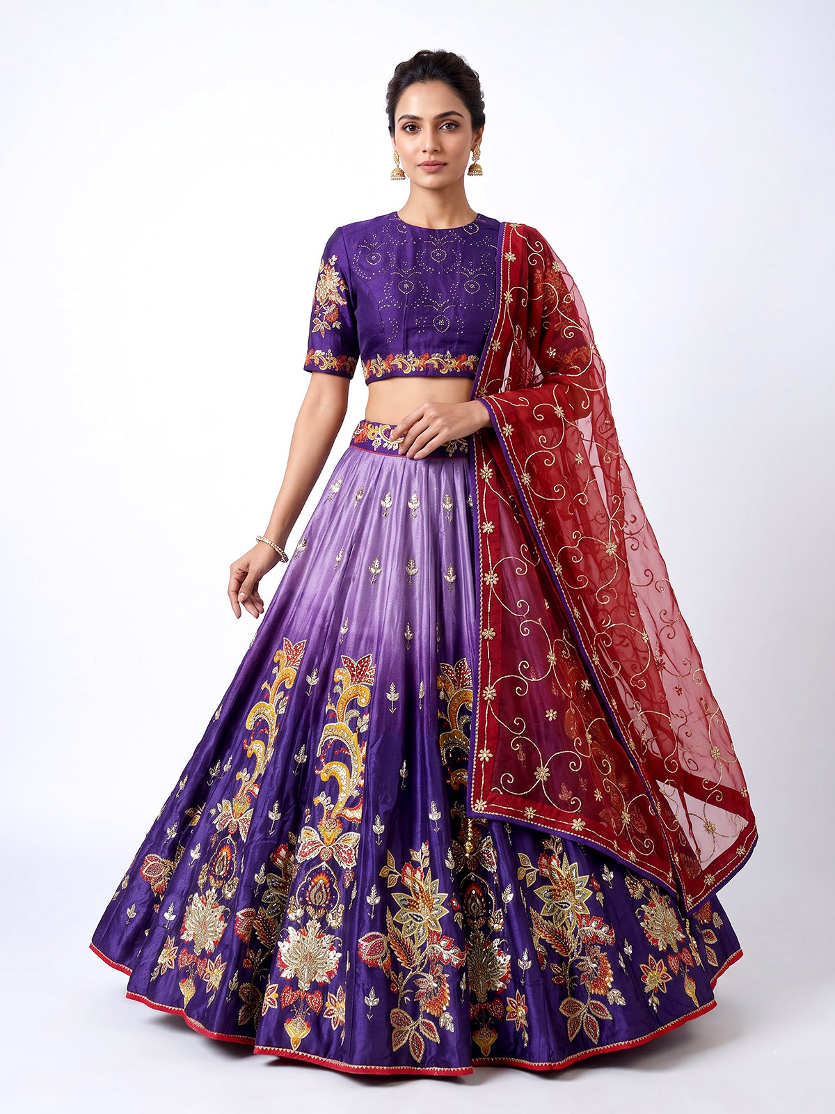 Violet silk unstitched lehenga choli with floral contrast dupatta