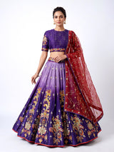 Violet silk unstitched lehenga choli with floral contrast dupatta