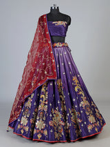 Violet silk unstitched lehenga choli with floral contrast dupatta