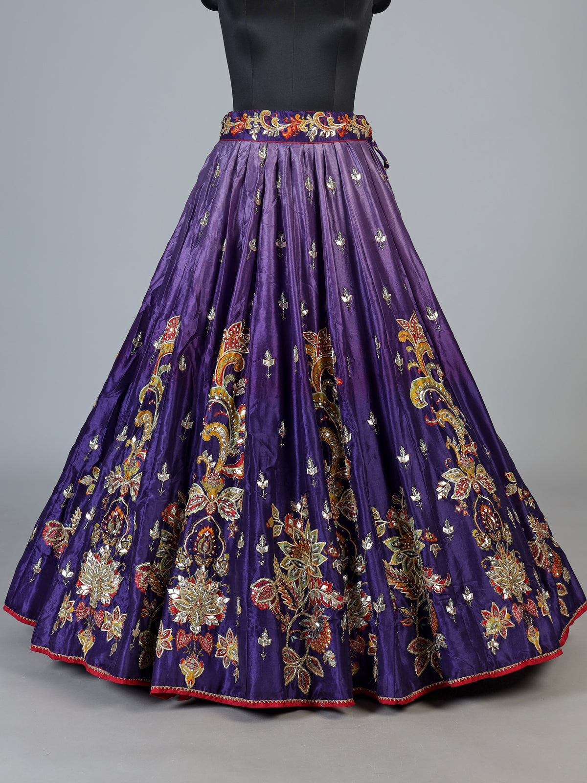 Violet silk unstitched lehenga choli with floral contrast dupatta