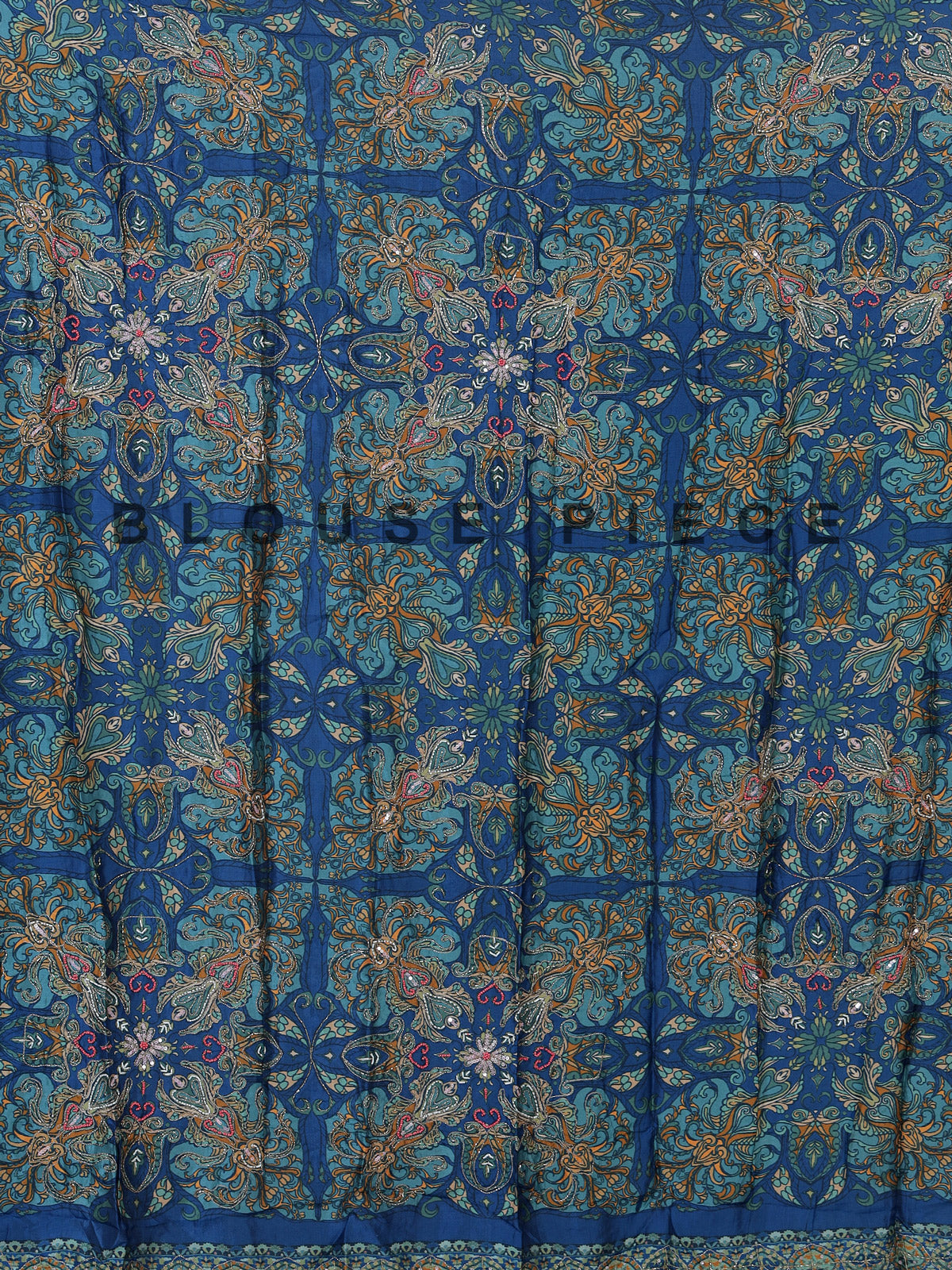 Blue silk unstitched lehenga choli with intricate printed detailing