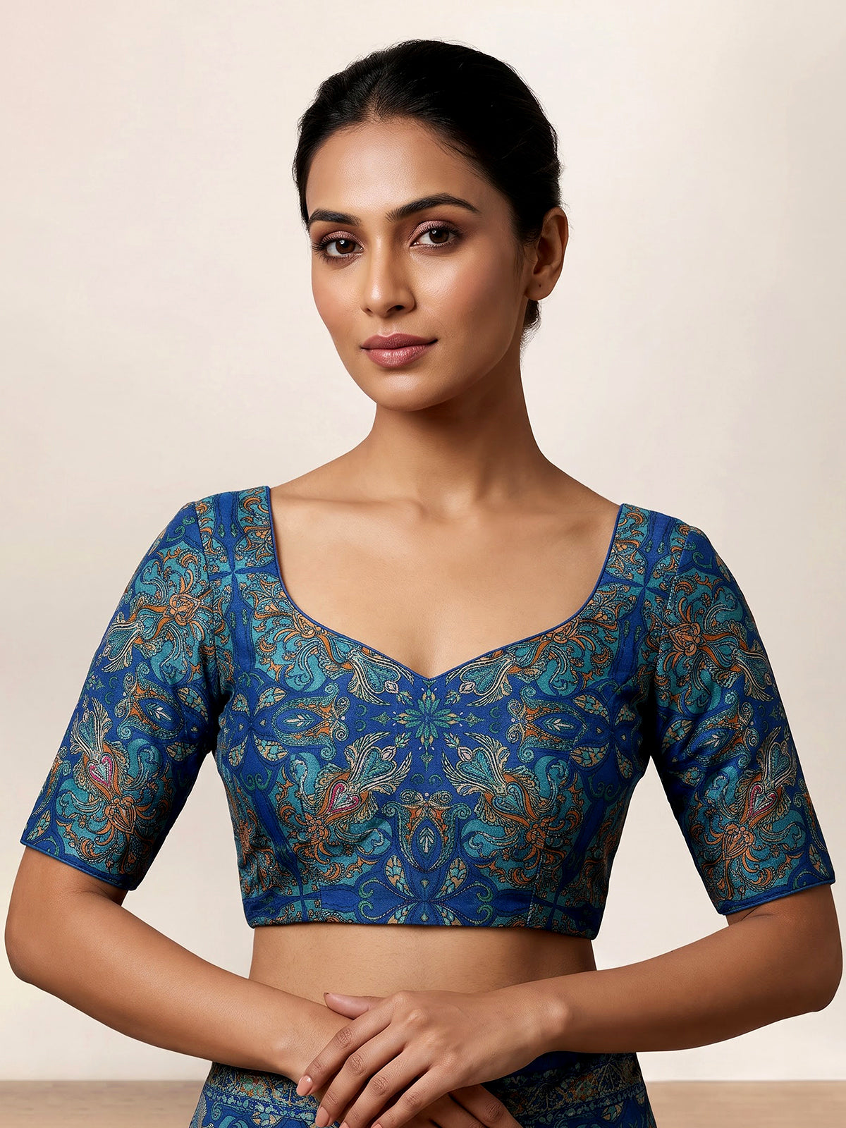 Blue silk unstitched lehenga choli with intricate printed detailing