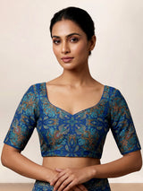 Blue silk unstitched lehenga choli with intricate printed detailing