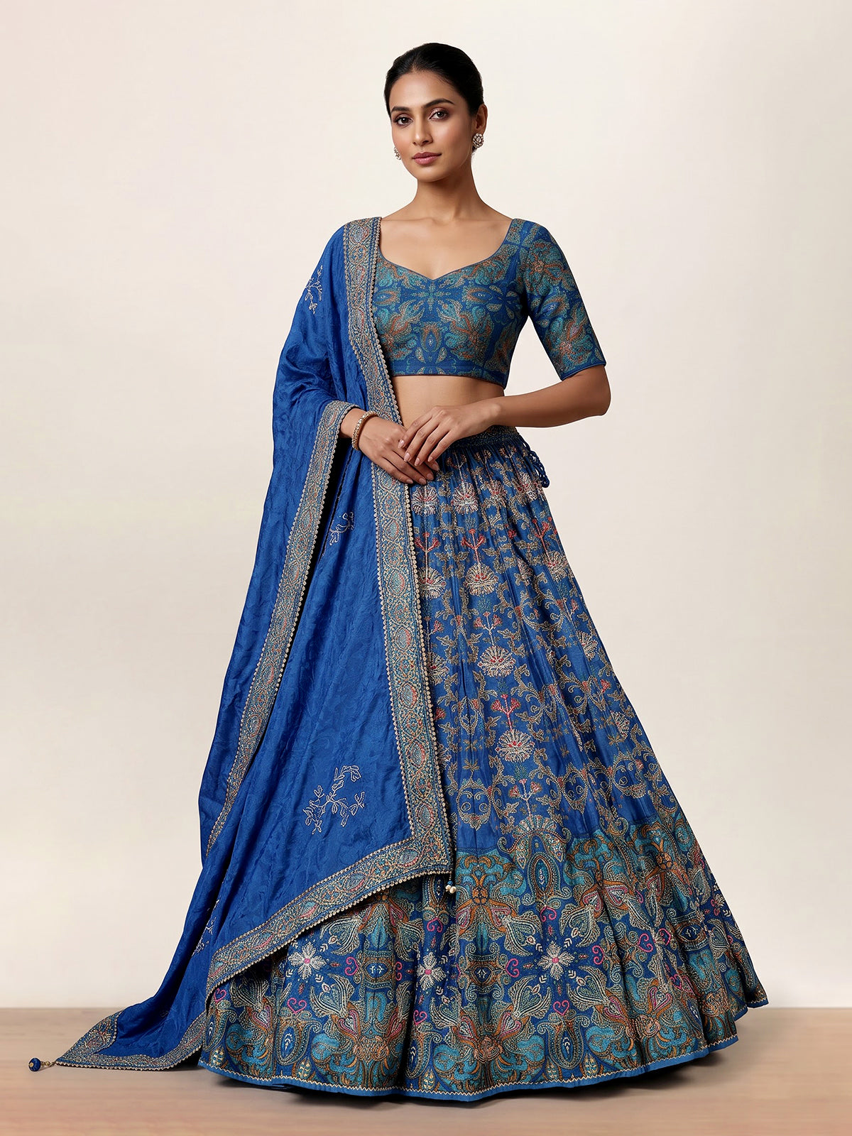 Blue silk unstitched lehenga choli with intricate printed detailing