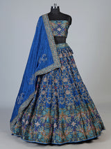 Blue silk unstitched lehenga choli with intricate printed detailing