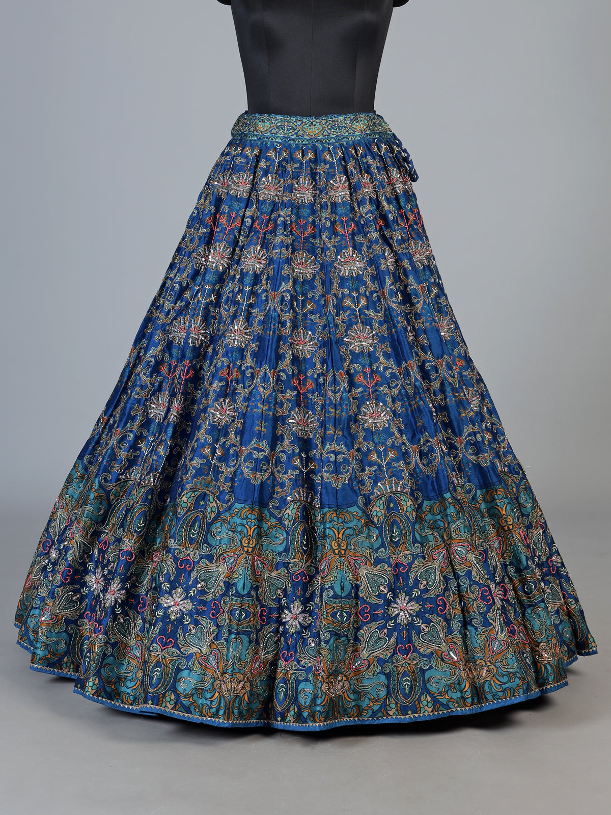 Blue silk unstitched lehenga choli with intricate printed detailing