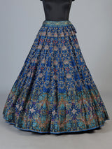 Blue silk unstitched lehenga choli with intricate printed detailing