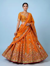 Orange silk unstitched lehenga choli with bandhani elegance