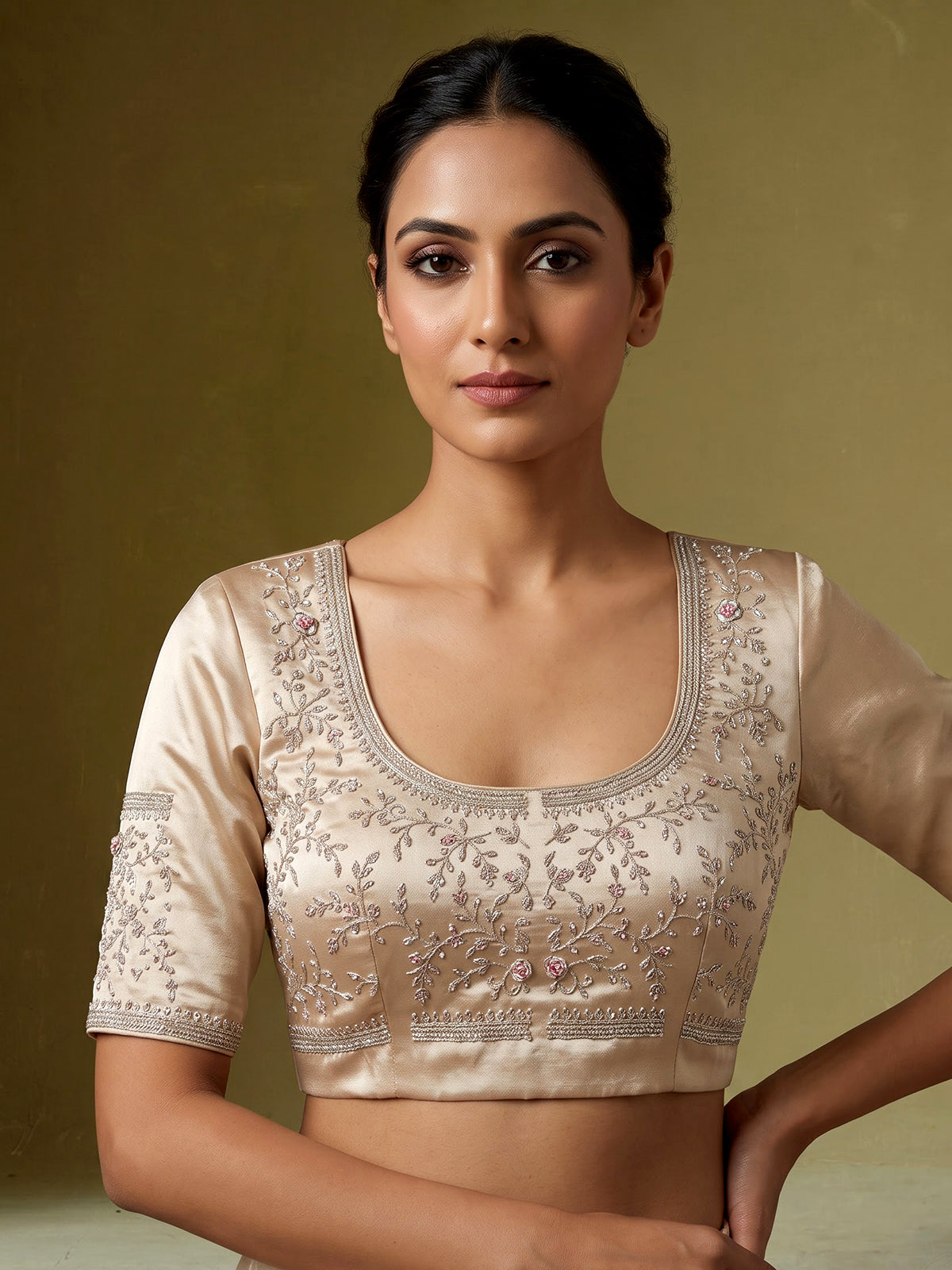 Peach silk unstitched lehenga choli with mirror diamond detailing